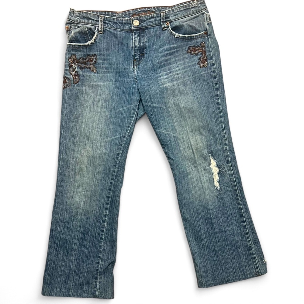 Y2K American Eagle Embroidered Bootcut Jeans Size 14 Distressed Low Rise